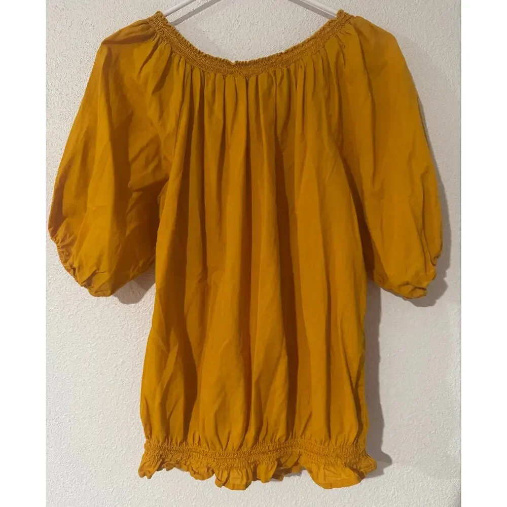 Preppy Mustard Old Navy Puff Sleeve Smocked Flowy Blouse Boho Peasant Festival